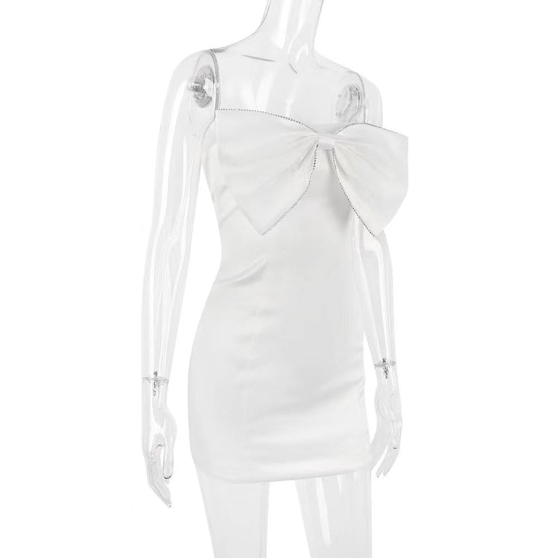 IVORY SATIN CRYSTAL EMBELLISHED BOW DRESS