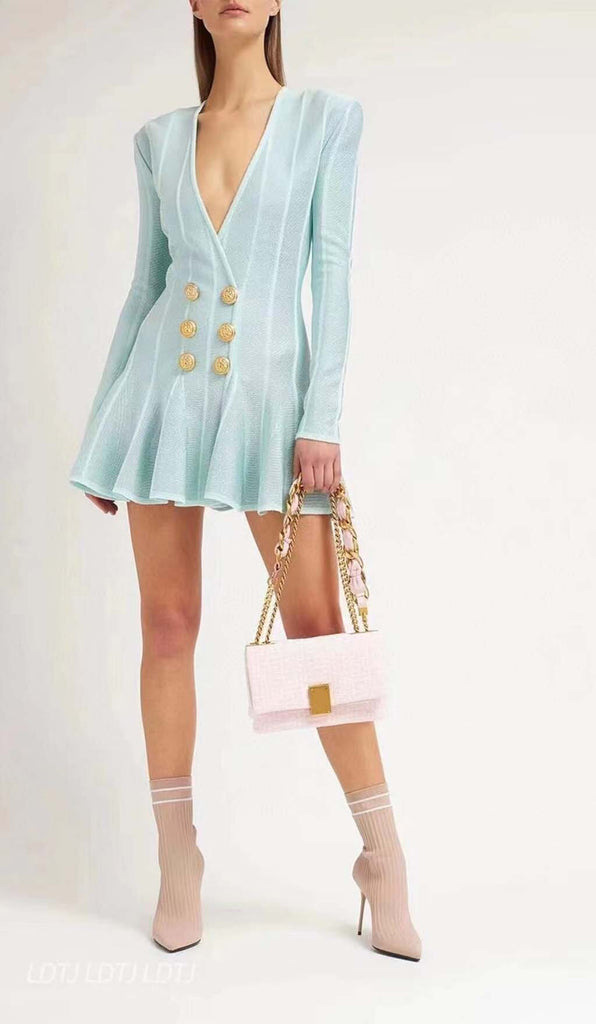 BUTTON-EMBELLISHED MESH MINI DRESS IN MINT DRESS STYLE OF CB 