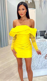 YELLOW OFF SHOULDER RUCHED MESH MINI DRESS