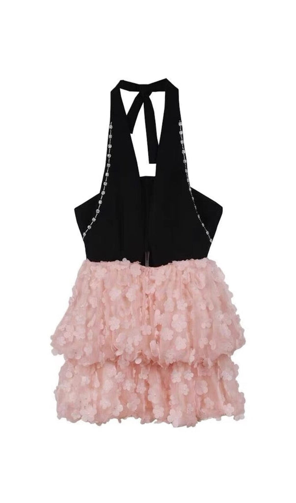 SLEEVELESS HALTER DRESS WITH PINK FLOWERS IN BLACK styleofcb 