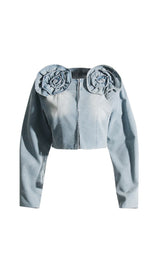 LONG SLEEVE FLOWER DENIM CROP TOP