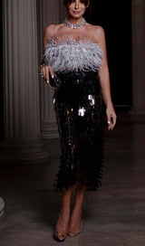 FEATHER TOP SEQUIN MIDI DRESS IN BLACK DRESS STYLE OF CB 