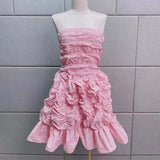 FOLDING RUFFLED MINI DRESS IN PINK